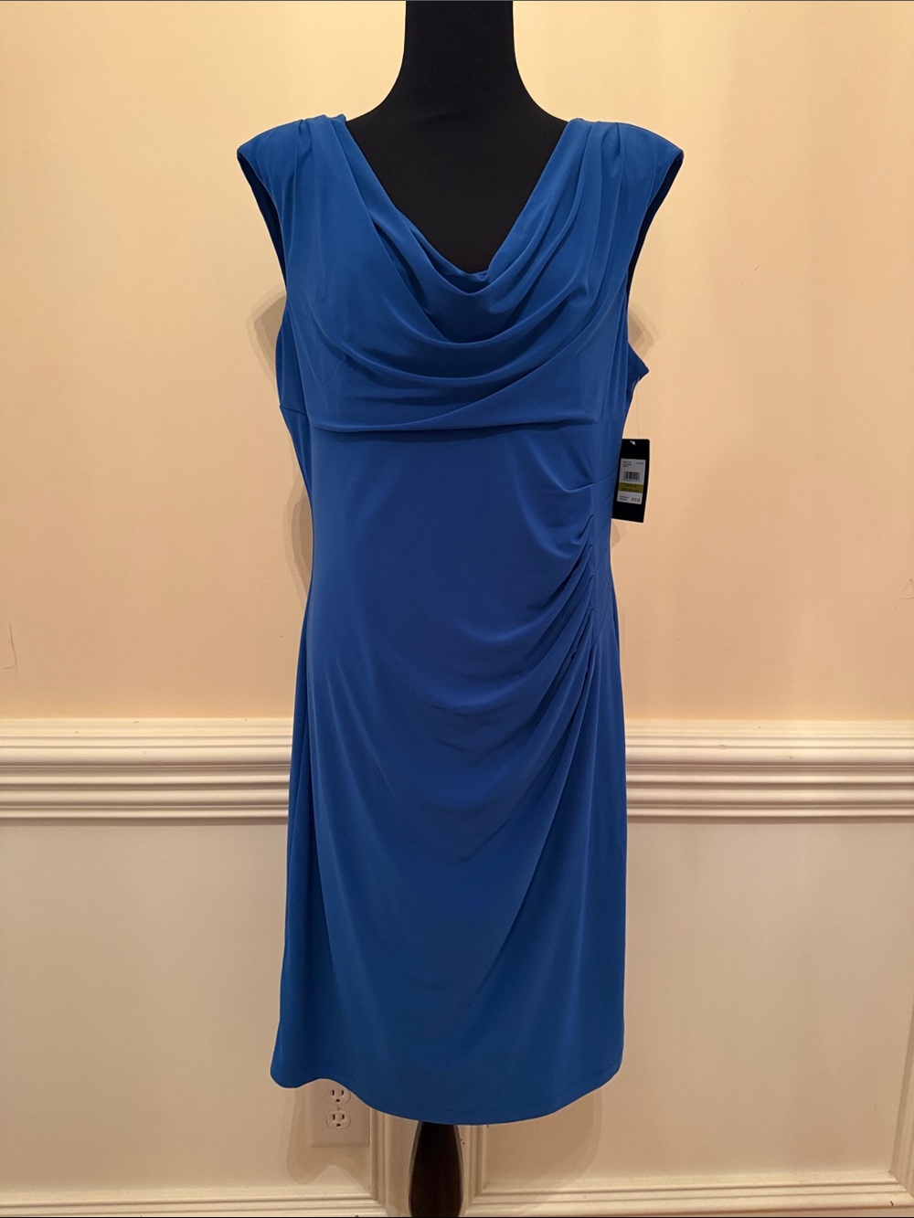 Kasper Blue Bird Cowl Neck Ruched Sleeveless Sheath Dress 10766172-R29 Size 14